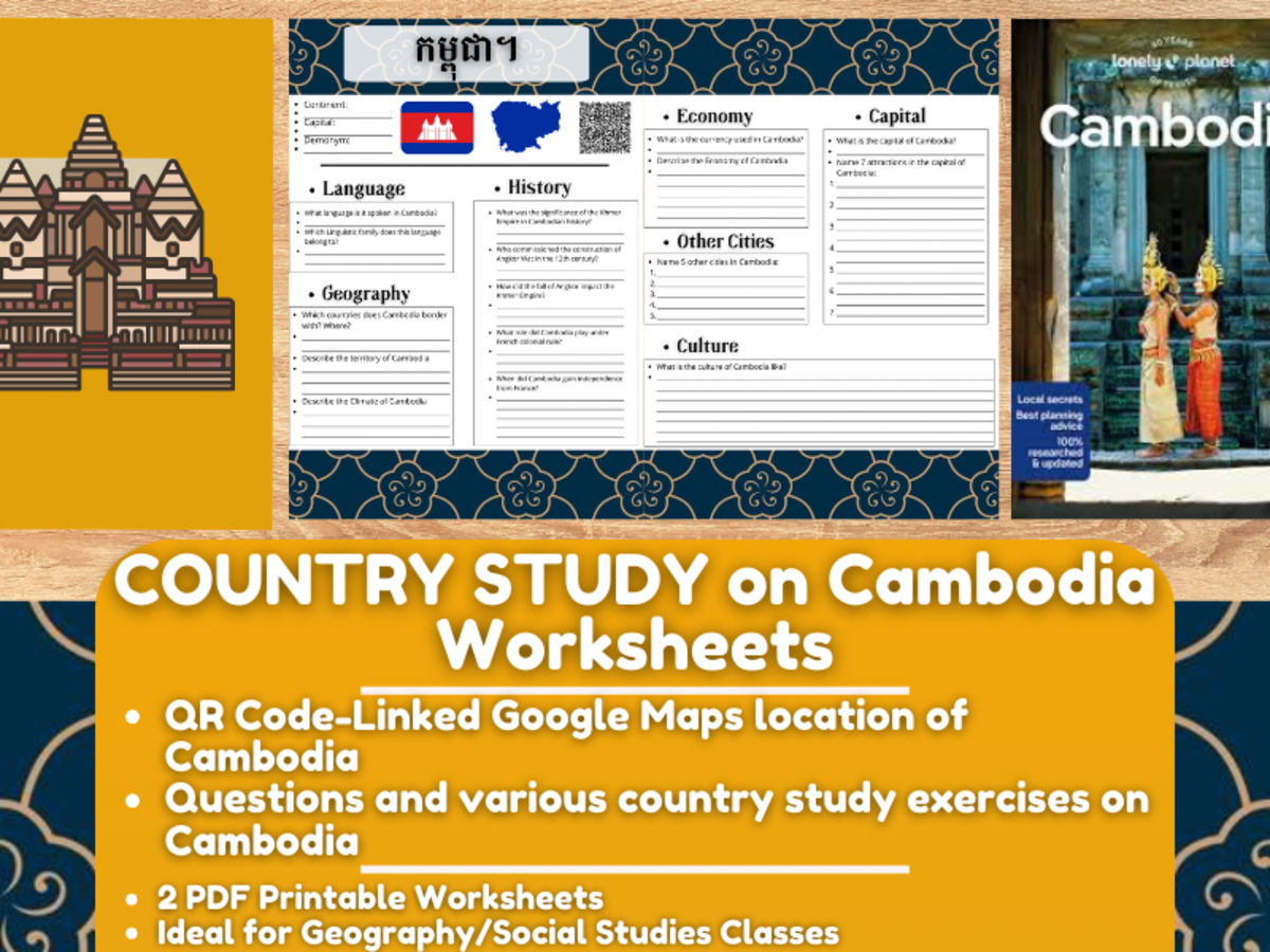 An educational teaching resource from Learning with Alan entitled Country Study Worksheets on Cambodia - Southeast Asia downloadable at Teach Simple.