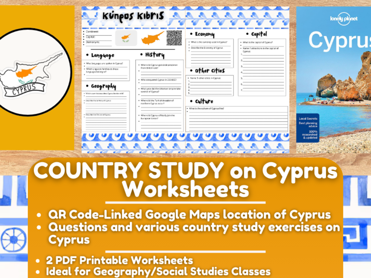 An educational teaching resource from Learning with Alan entitled Country Study Worksheets on Cyprus - Europe - Mediterranean Sea downloadable at Teach Simple.