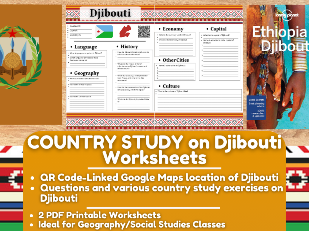 An educational teaching resource from Learning with Alan entitled Country Study Worksheets on Djibouti - Eastern Africa downloadable at Teach Simple.