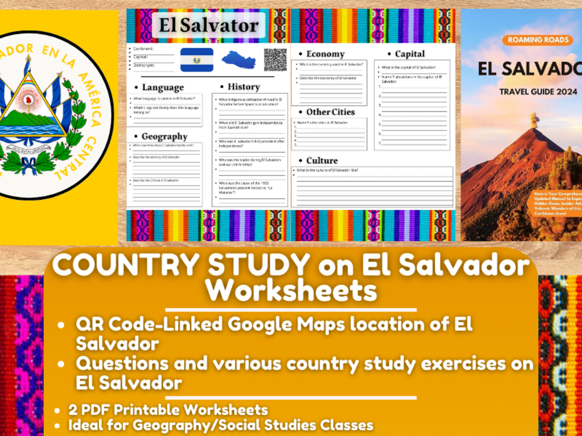 An educational teaching resource from Learning with Alan entitled Country Study Worksheets on El Salvador - Central America downloadable at Teach Simple.