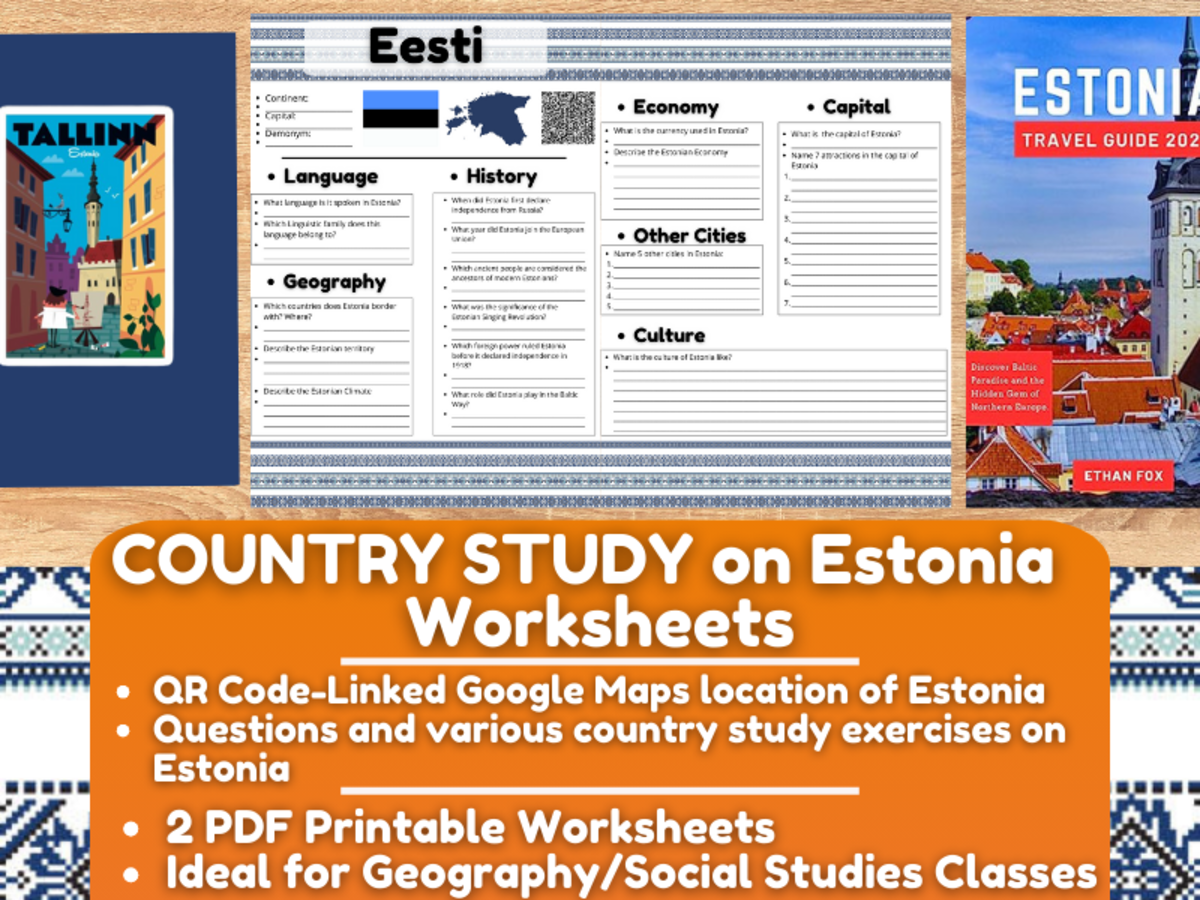 An educational teaching resource from Learning with Alan entitled Country Study Worksheets on Estonia - Europe - Baltics downloadable at Teach Simple.