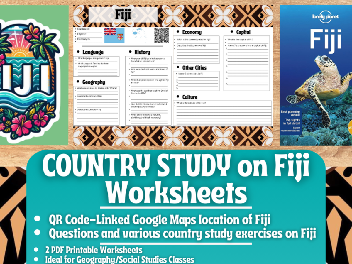 An educational teaching resource from Learning with Alan entitled Country Study Worksheets on "Fiji" - Oceania downloadable at Teach Simple.