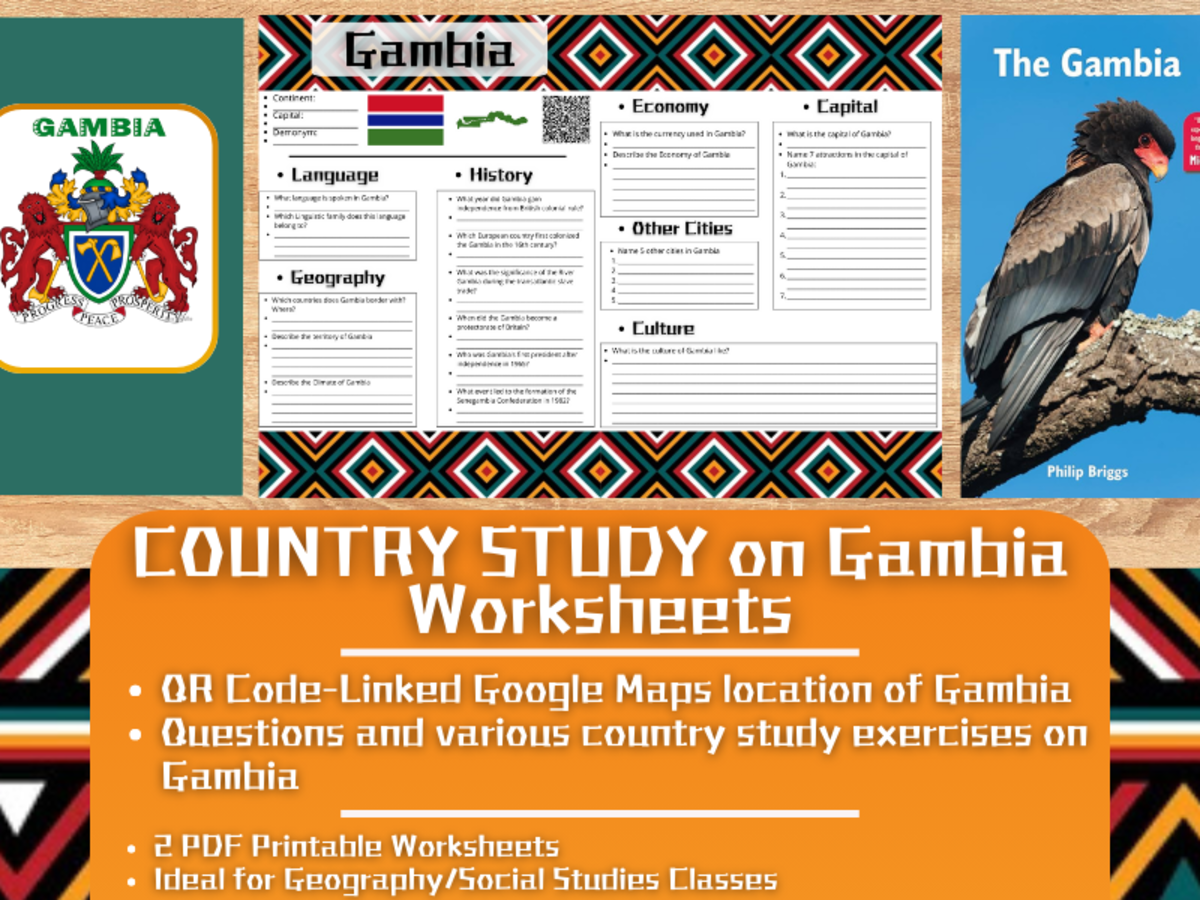 An educational teaching resource from Learning with Alan entitled Country Study Worksheets on Gambia - Western Africa downloadable at Teach Simple.