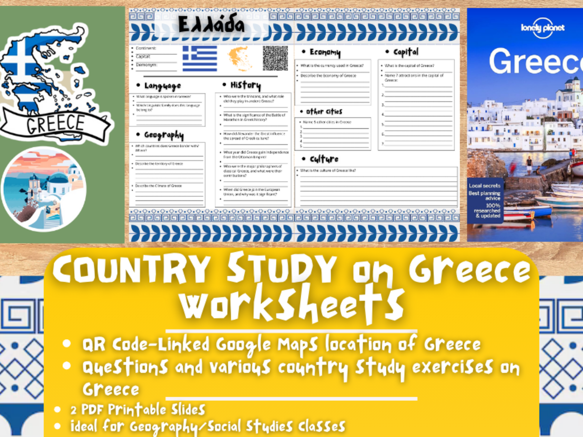 An educational teaching resource from Learning with Alan entitled Country Study Worksheets on Greece - Southern Europe downloadable at Teach Simple.