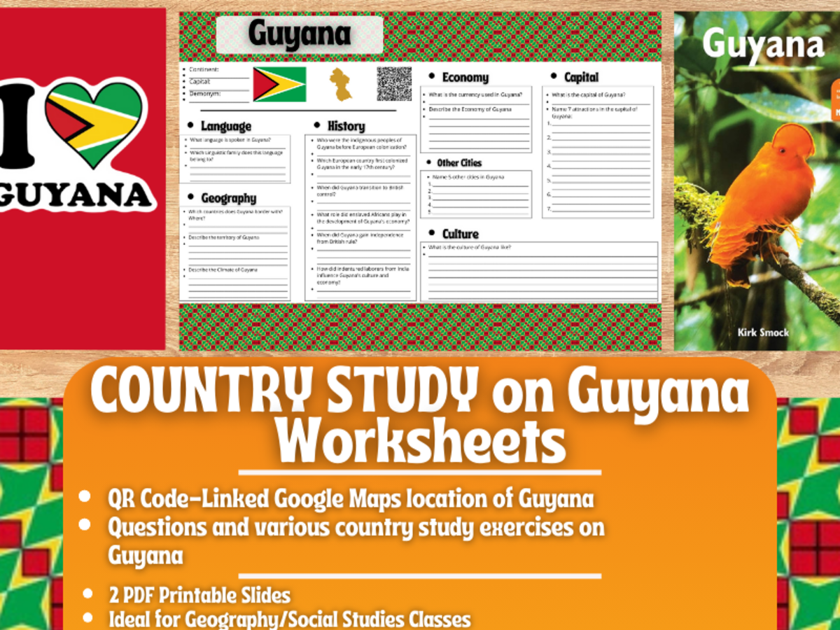 An educational teaching resource from Learning with Alan entitled Country Study Worksheets on Guyana - South America downloadable at Teach Simple.