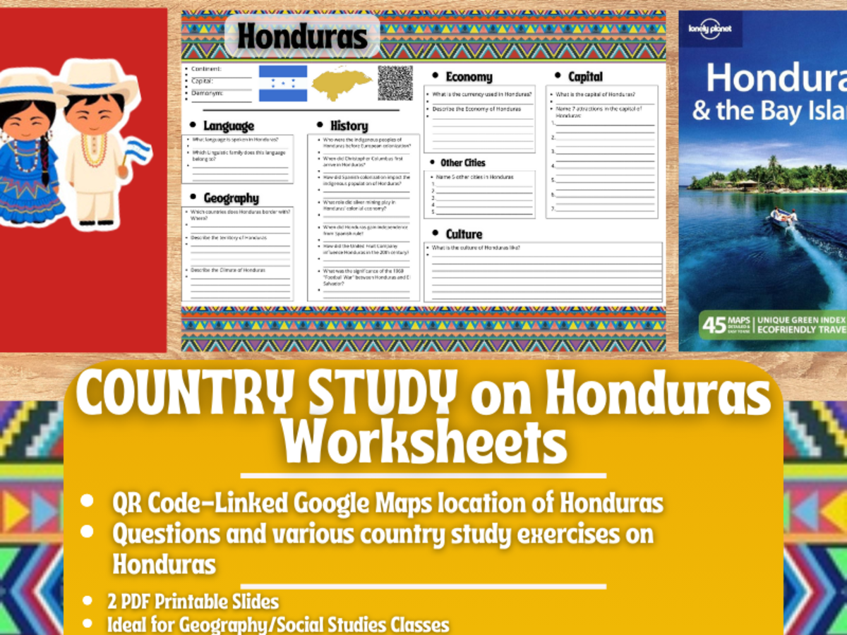 An educational teaching resource from Learning with Alan entitled Country Study Worksheets on Honduras - Central America downloadable at Teach Simple.