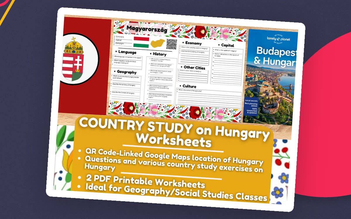 An educational teaching resource from Learning with Alan entitled Country Study Worksheets on Hungary - Europe downloadable at Teach Simple.
