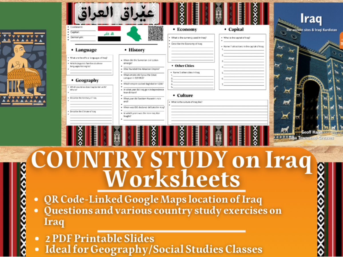An educational teaching resource from Learning with Alan entitled Country Study Worksheets on Iraq - Middle East downloadable at Teach Simple.