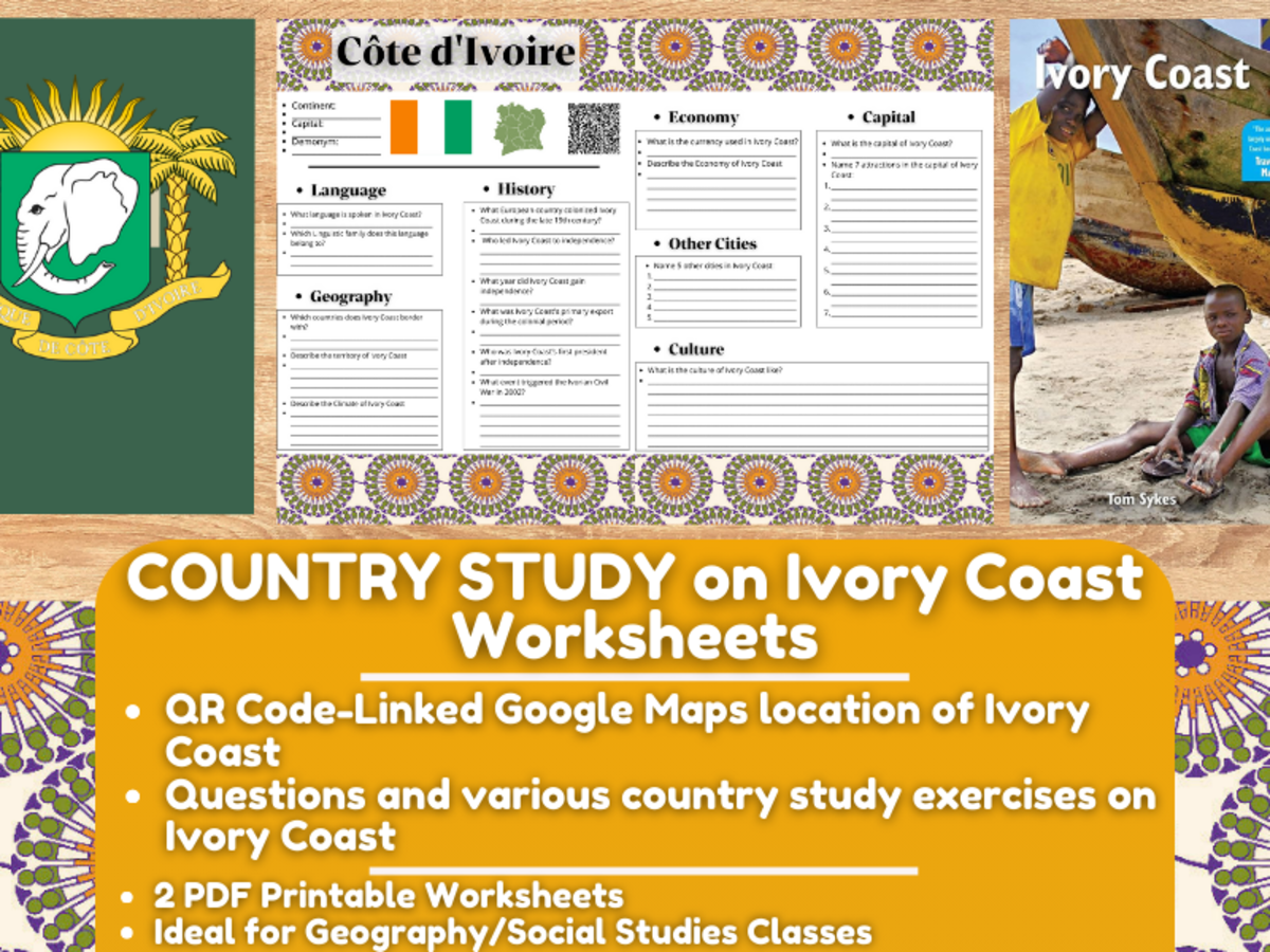 An educational teaching resource from Learning with Alan entitled Country Study Worksheets on Ivory Coast - Western Africa downloadable at Teach Simple.