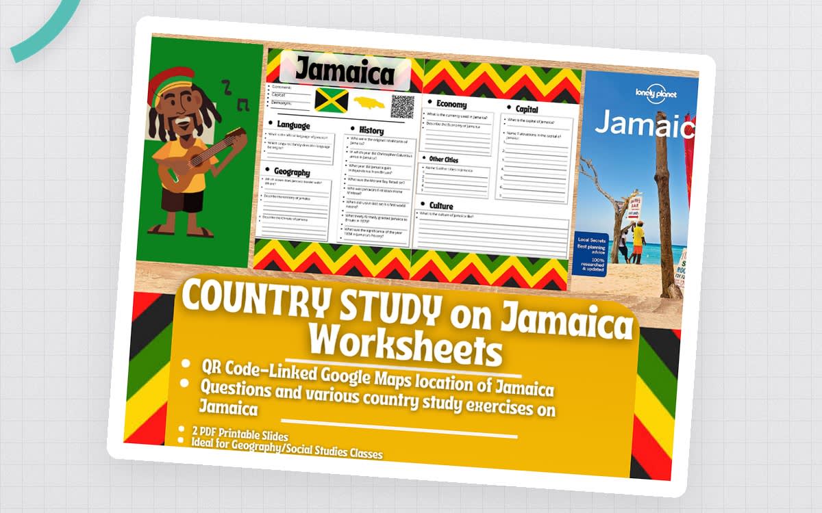 An educational teaching resource from Learning with Alan entitled Country Study Worksheets on Jamaica - Caribbeans downloadable at Teach Simple.