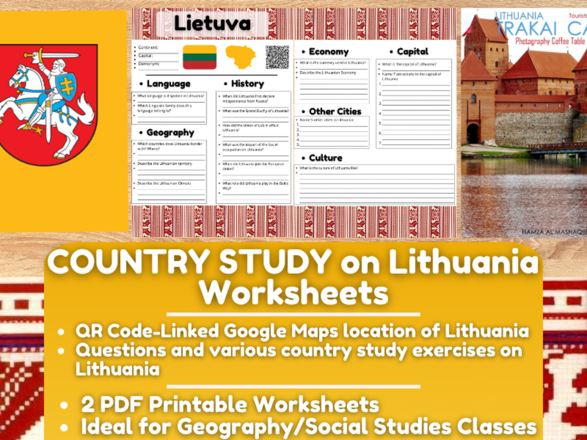 An educational teaching resource from Learning with Alan entitled Country Study Worksheets on Lithuania - Europe - Baltics downloadable at Teach Simple.