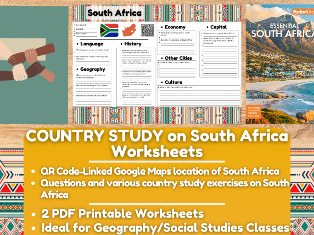 An educational teaching resource from Learning with Alan entitled Country Study Worksheets on South Africa downloadable at Teach Simple.