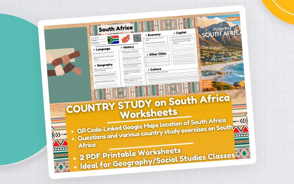 An educational teaching resource from Learning with Alan entitled Country Study Worksheets on South Africa downloadable at Teach Simple.