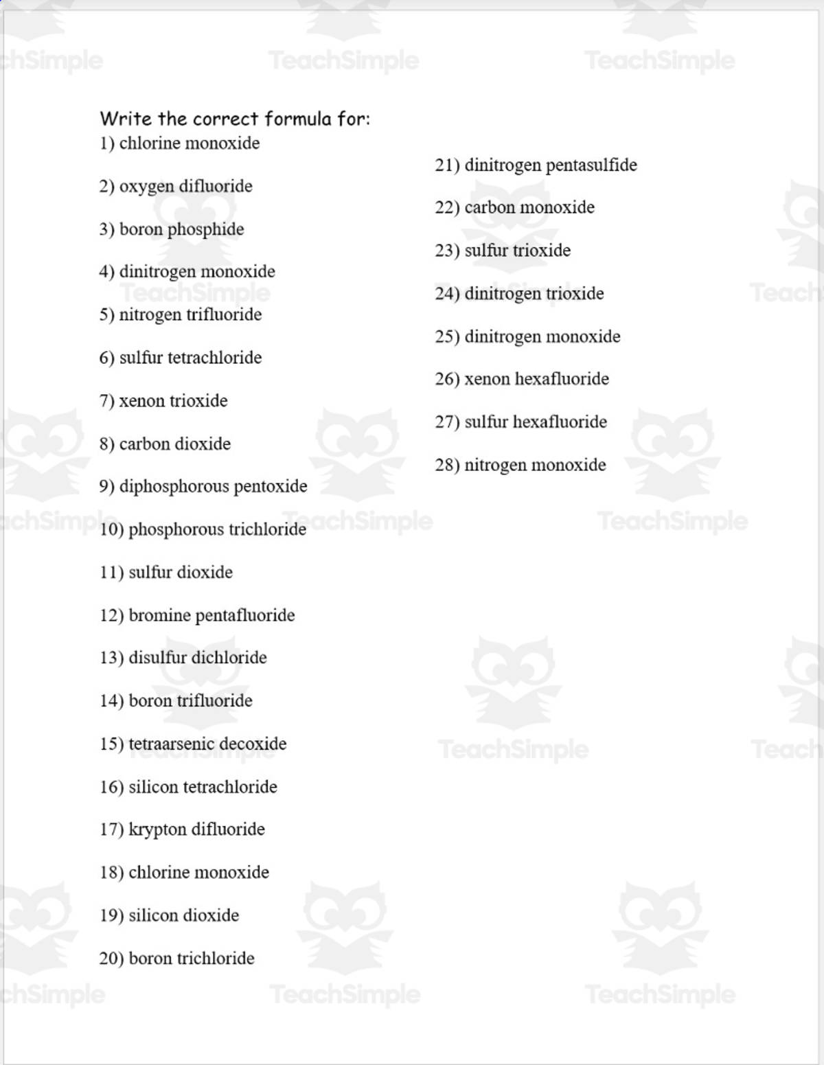 An educational teaching resource from Schrim's Chem entitled Covalent Nomenclature: ESL Korean Version downloadable at Teach Simple.
