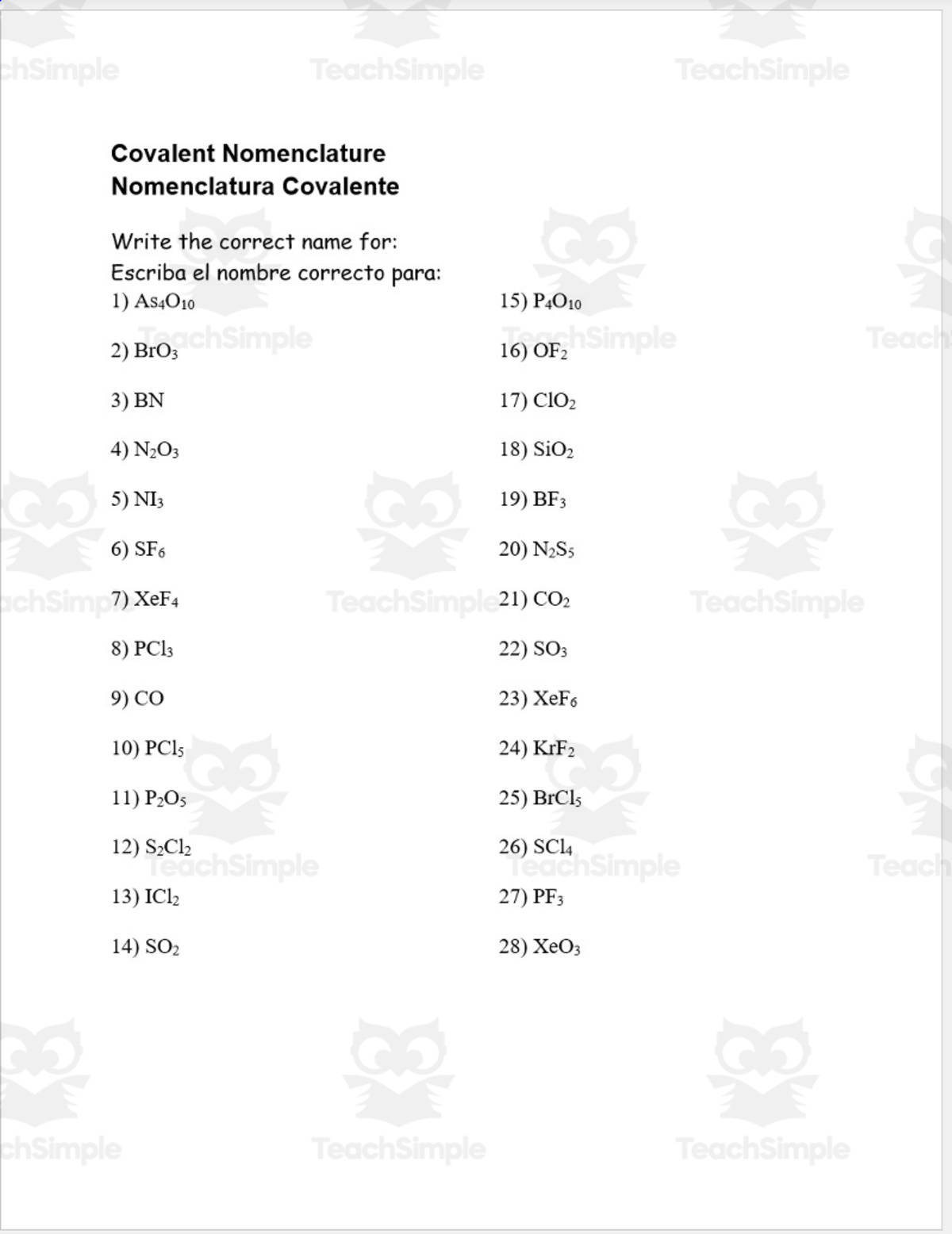 An educational teaching resource from Schrim's Chem entitled Covalent Nomenclature: ESL Spanish Version downloadable at Teach Simple.