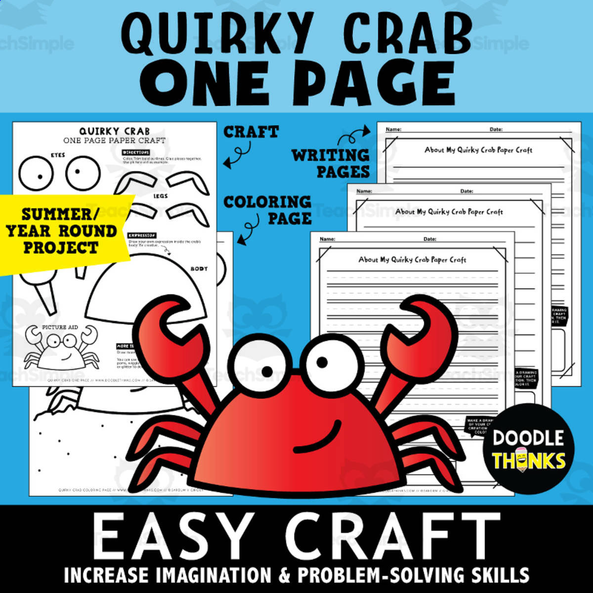 An educational teaching resource from Doodle Thinks entitled Crab Paper Craft | Easy One-Page Art Project for Summer or Ocean Theme downloadable at Teach Simple.