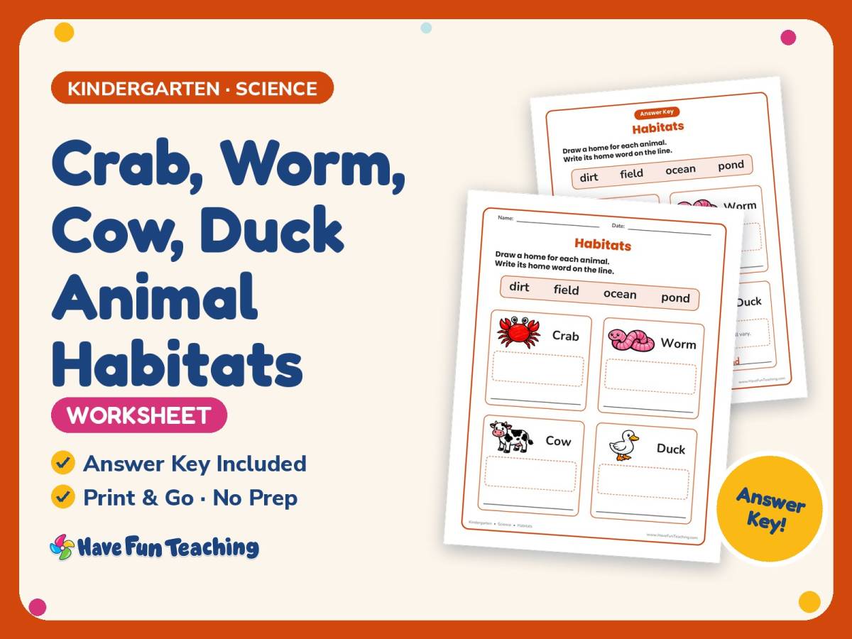 Crab, Worm, Cow, Duck Animal Habitats Worksheet – Kindergarten Animals preview