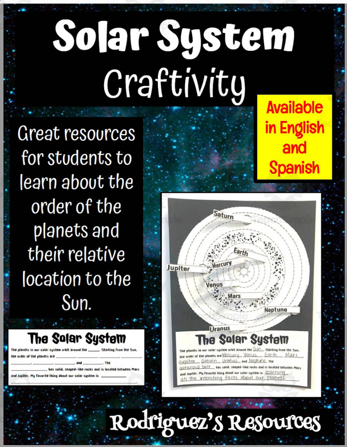 An educational teaching resource from Rodriguez's Resources entitled Craftivity: Solar System (Spanish & English) downloadable at Teach Simple.
