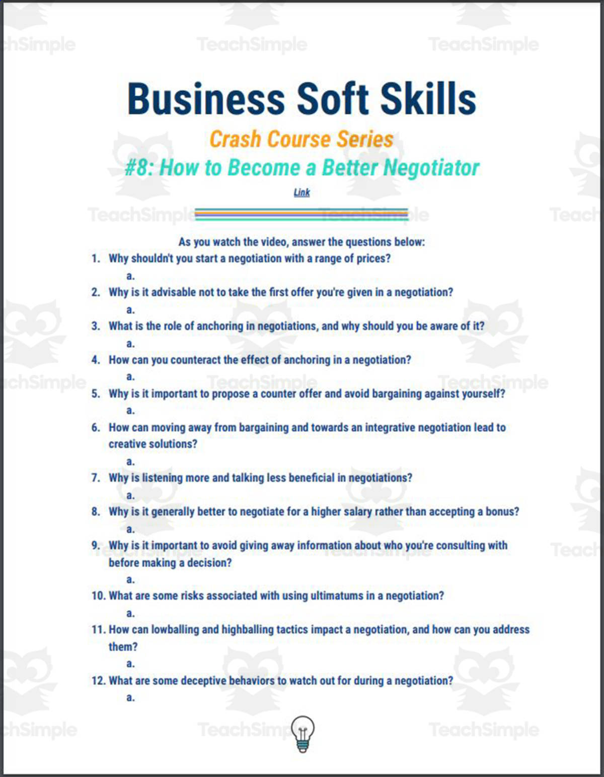 An educational teaching resource from Ed Dynamic entitled Crash Course: Business Soft Skills #8: Become a Better Negotiator Worksheet downloadable at Teach Simple.