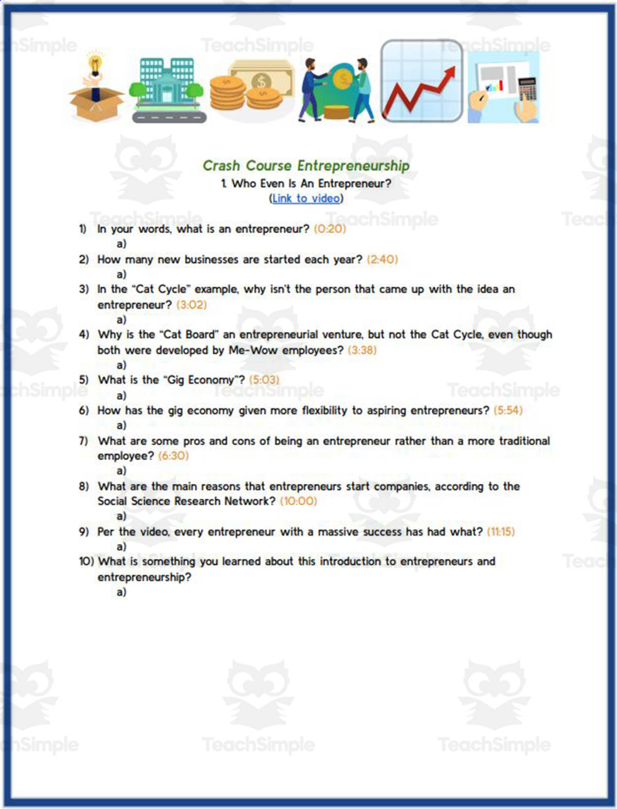An educational teaching resource from Ed Dynamic entitled Crash Course: Entrepreneurship #1 Who Even Is An Entrepreneur? Worksheet downloadable at Teach Simple.