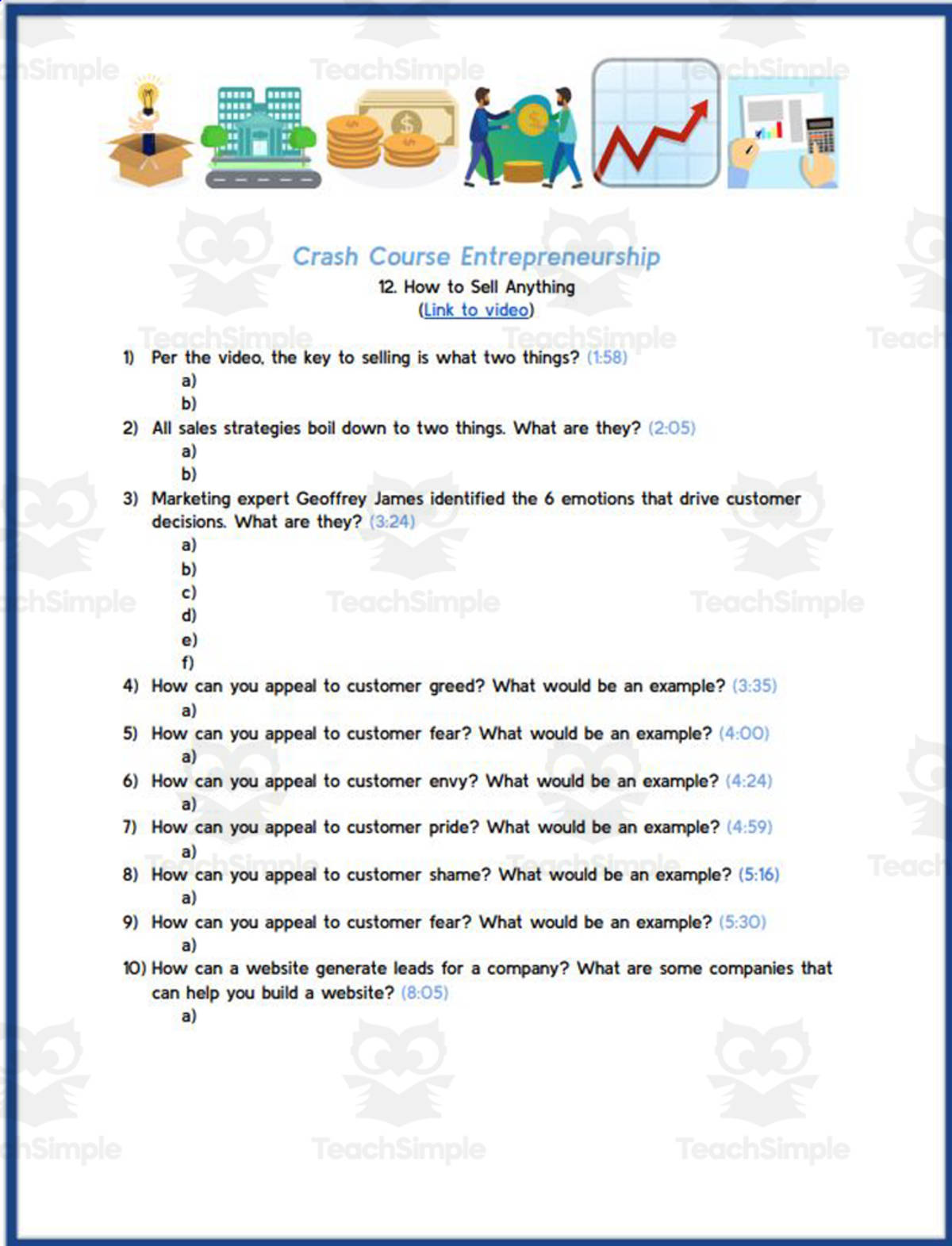 An educational teaching resource from Ed Dynamic entitled Crash Course: Entrepreneurship #12 How to Sell Anything Worksheet downloadable at Teach Simple.