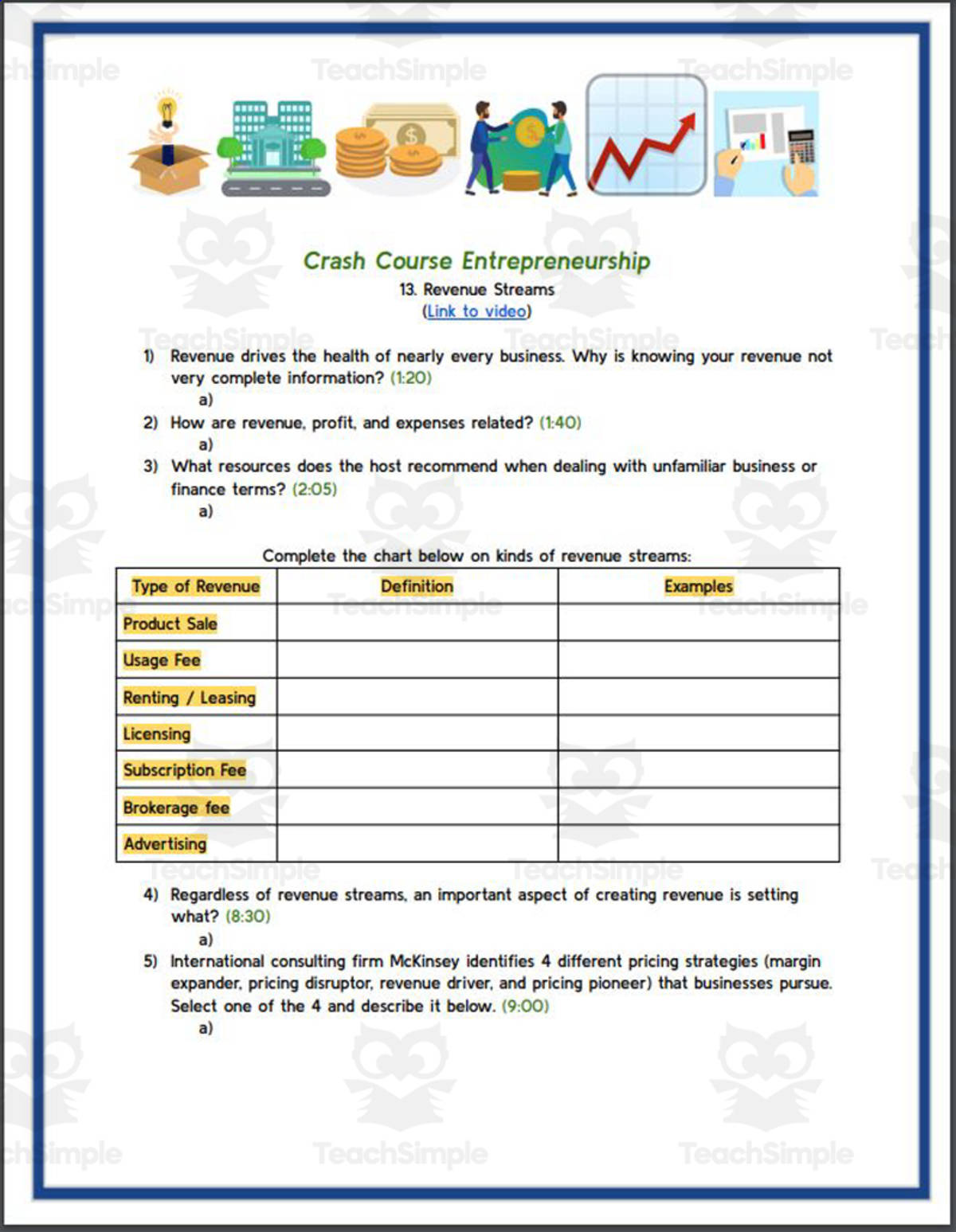 An educational teaching resource from Ed Dynamic entitled Crash Course: Entrepreneurship #13 Revenue Streams Worksheet downloadable at Teach Simple.