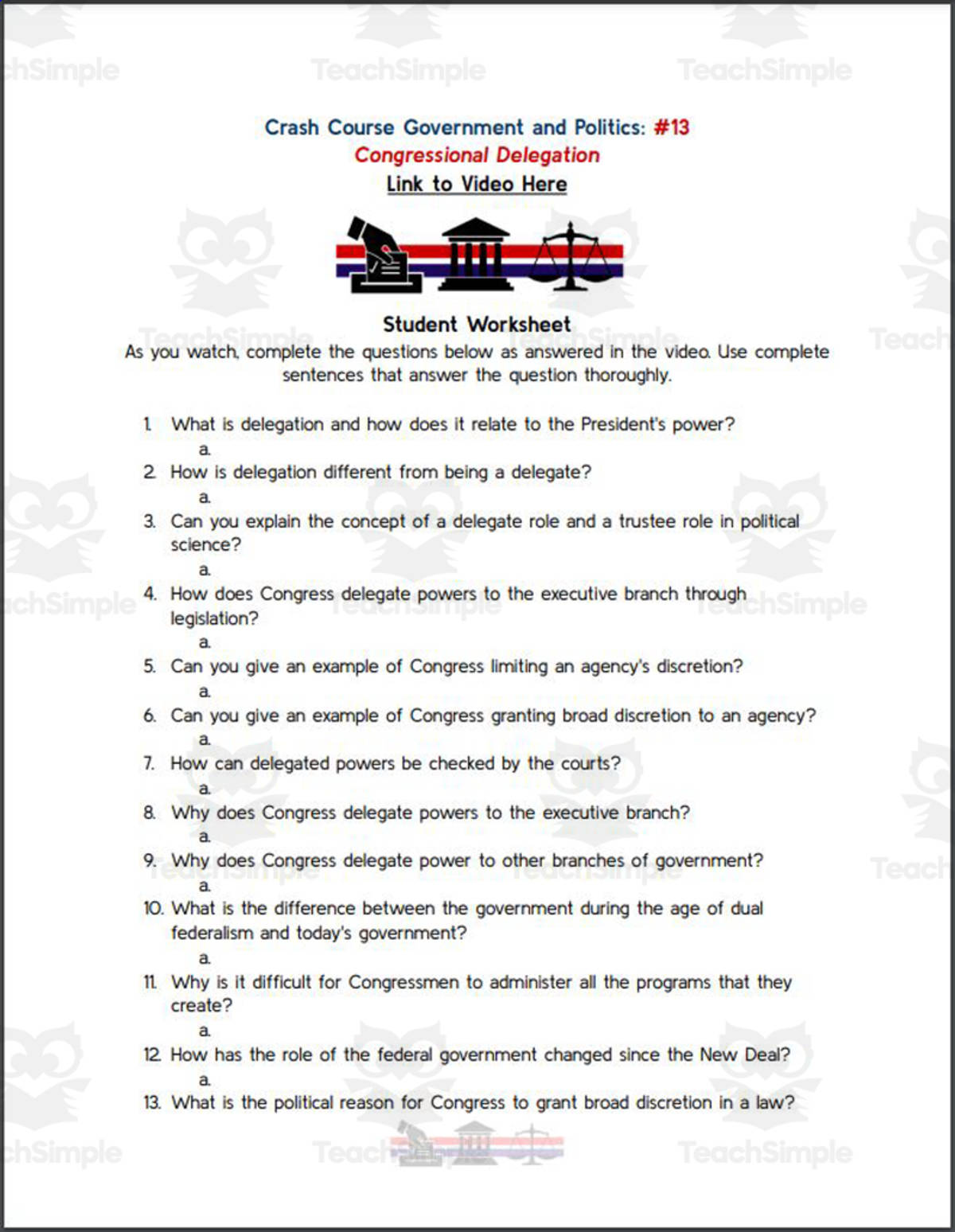 An educational teaching resource from Ed Dynamic entitled Crash Course: Government and Politics #13: Congressional Delegation Worksheet downloadable at Teach Simple.