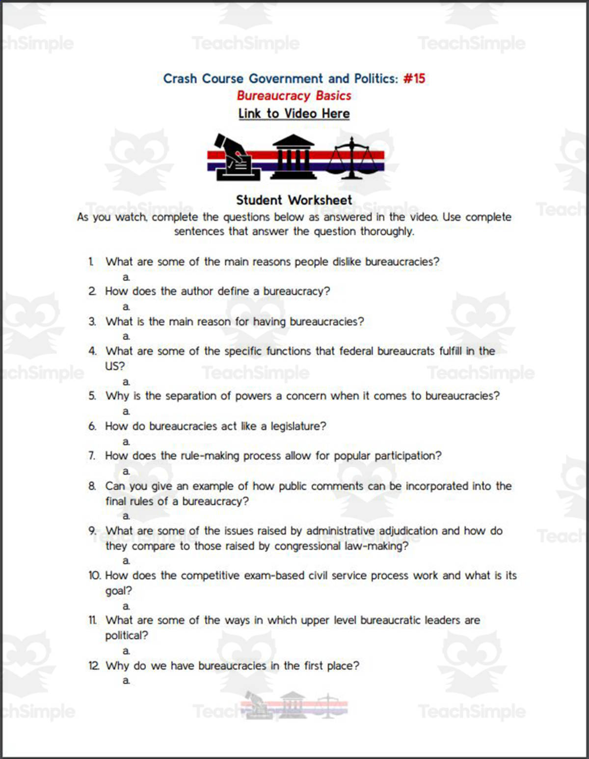 An educational teaching resource from Ed Dynamic entitled Crash Course: Government and Politics #15: Bureaucracy Basics Worksheet downloadable at Teach Simple.