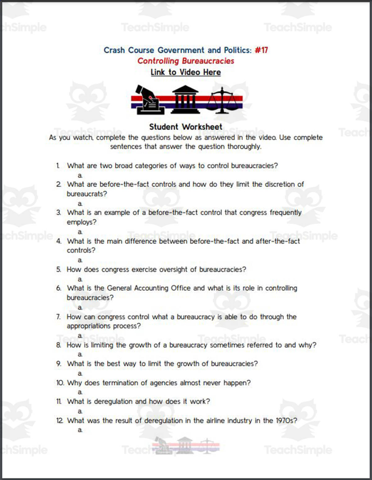An educational teaching resource from Ed Dynamic entitled Crash Course: Government and Politics #17: Controlling Bureaucracies Worksheet downloadable at Teach Simple.