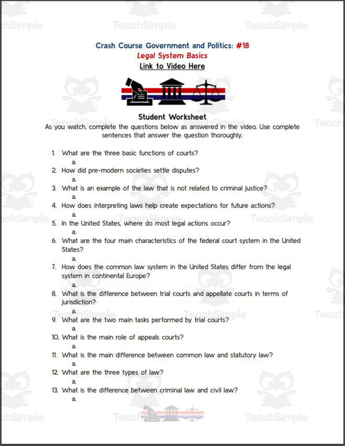 An educational teaching resource from Ed Dynamic entitled Crash Course: Government and Politics #18: Legal System Basics Worksheet downloadable at Teach Simple.