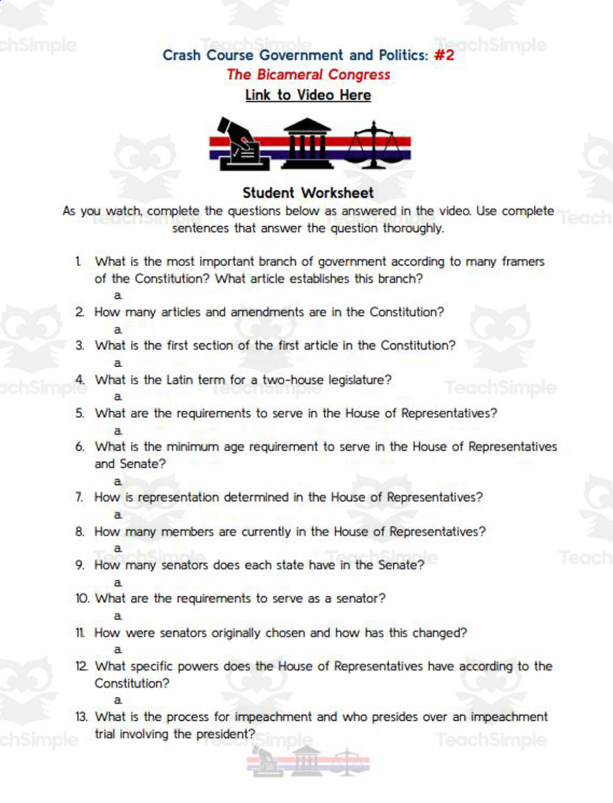 An educational teaching resource from Ed Dynamic entitled Crash Course: Government and Politics #2: The Bicameral Congress Worksheet downloadable at Teach Simple.