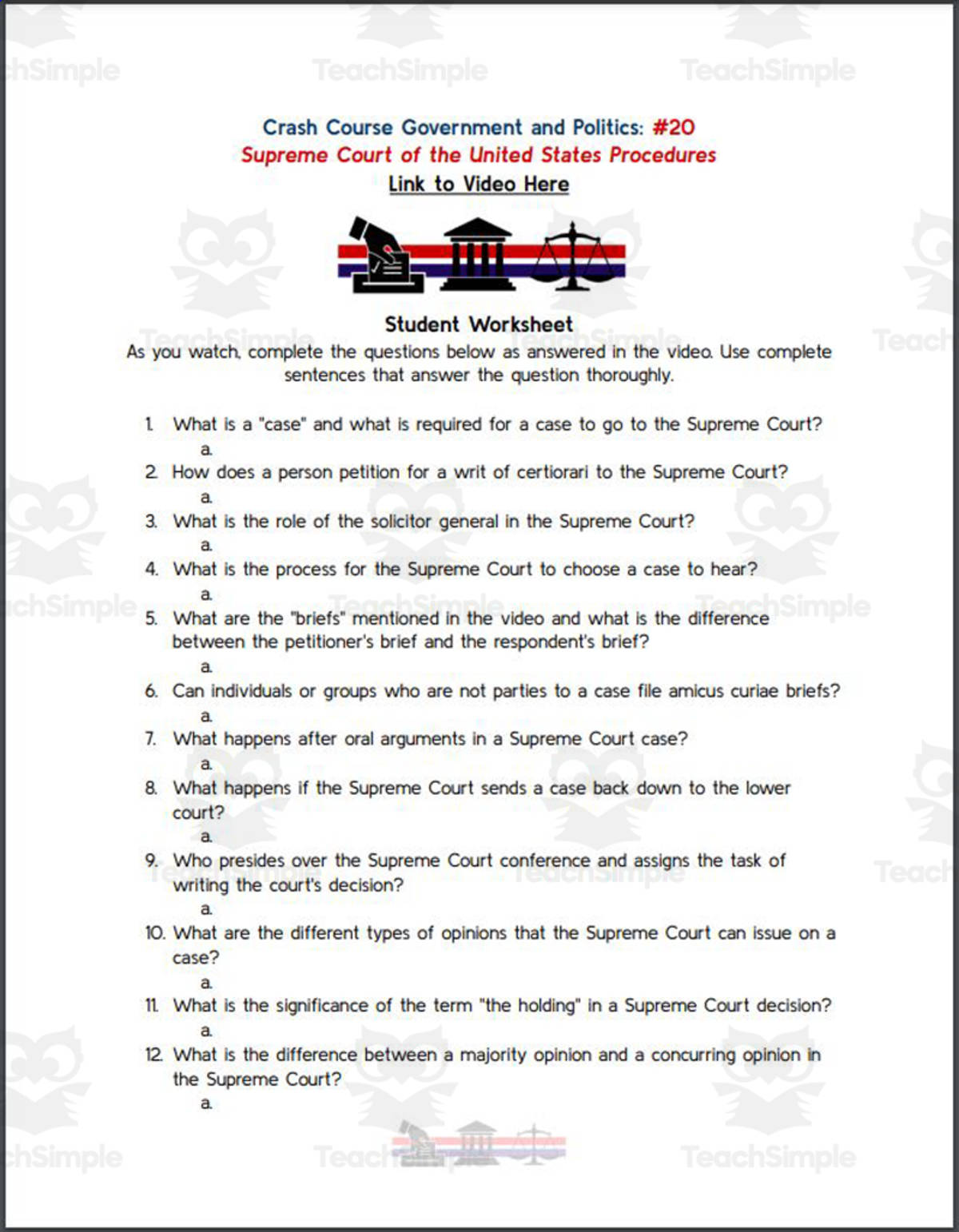 An educational teaching resource from Ed Dynamic entitled Crash Course: Government and Politics #20: SCOTUS Procedures Worksheet downloadable at Teach Simple.