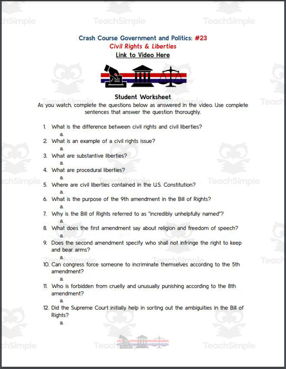 An educational teaching resource from Ed Dynamic entitled Crash Course: Government and Politics #23: Civil Rights & Liberties Worksheet downloadable at Teach Simple.