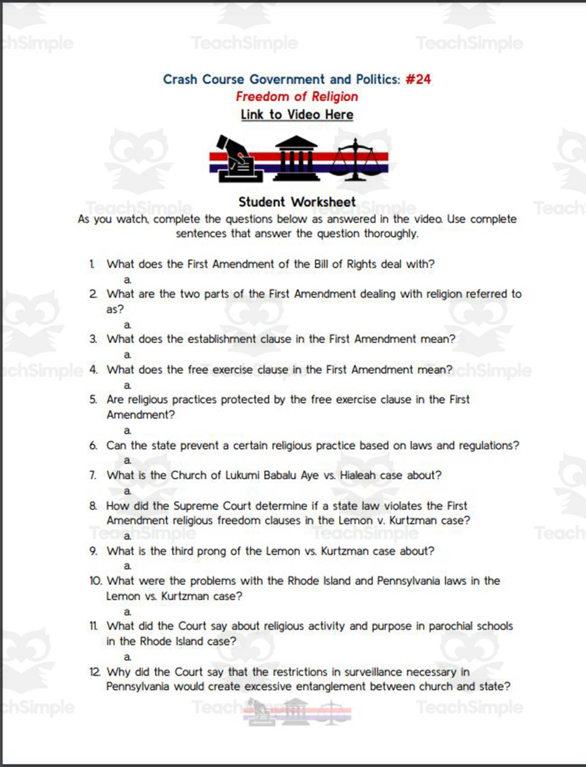 An educational teaching resource from Ed Dynamic entitled Crash Course: Government and Politics #24: Freedom of Religion Worksheet downloadable at Teach Simple.