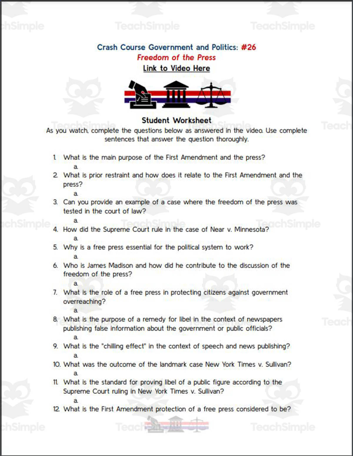 An educational teaching resource from Ed Dynamic entitled Crash Course: Government and Politics #26: Freedom of the Press Worksheet downloadable at Teach Simple.