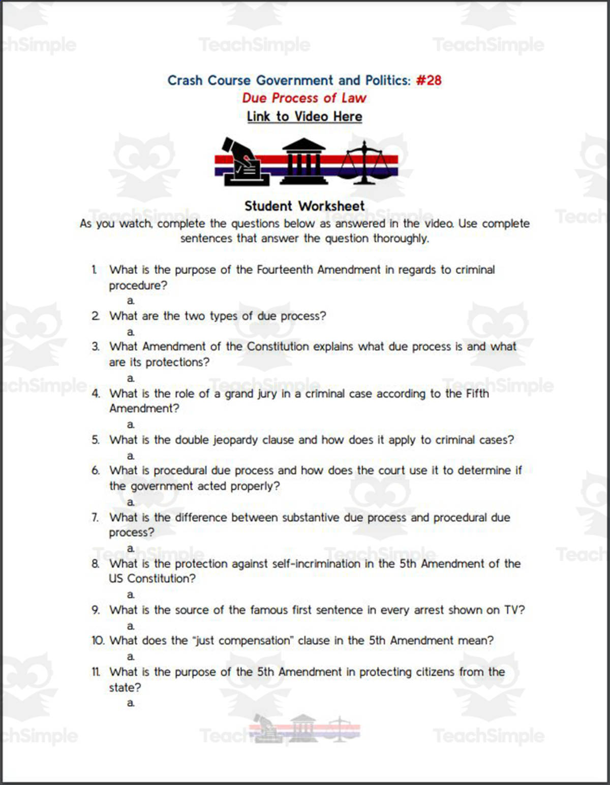 An educational teaching resource from Ed Dynamic entitled Crash Course: Government and Politics #28: Due Process of Law Worksheet downloadable at Teach Simple.