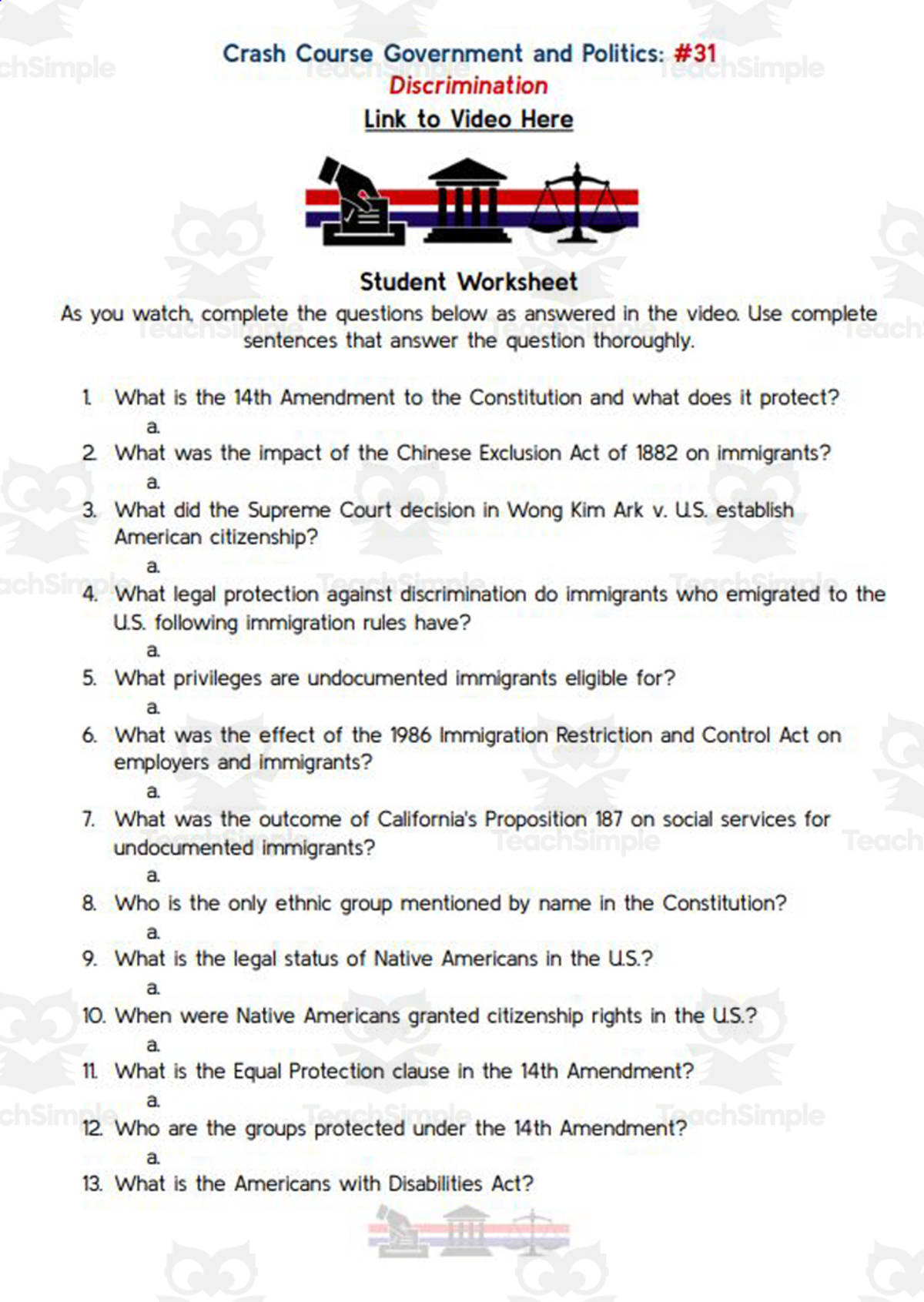 An educational teaching resource from Ed Dynamic entitled Crash Course: Government and Politics #31: Discrimination Worksheet downloadable at Teach Simple.