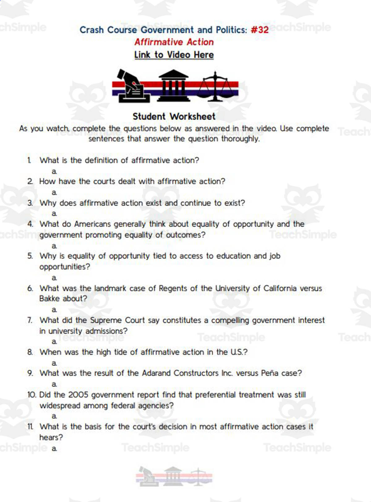 An educational teaching resource from Ed Dynamic entitled Crash Course: Government and Politics #32: Affirmative Action Worksheet downloadable at Teach Simple.