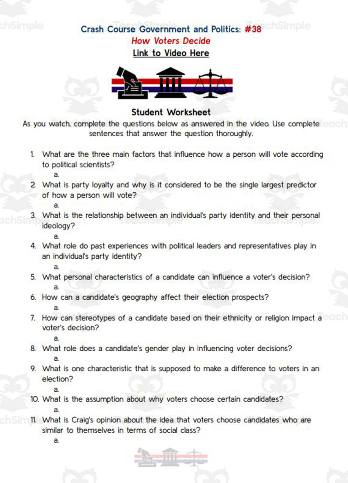 An educational teaching resource from Ed Dynamic entitled Crash Course: Government and Politics #38: How Voters Decide Worksheet downloadable at Teach Simple.