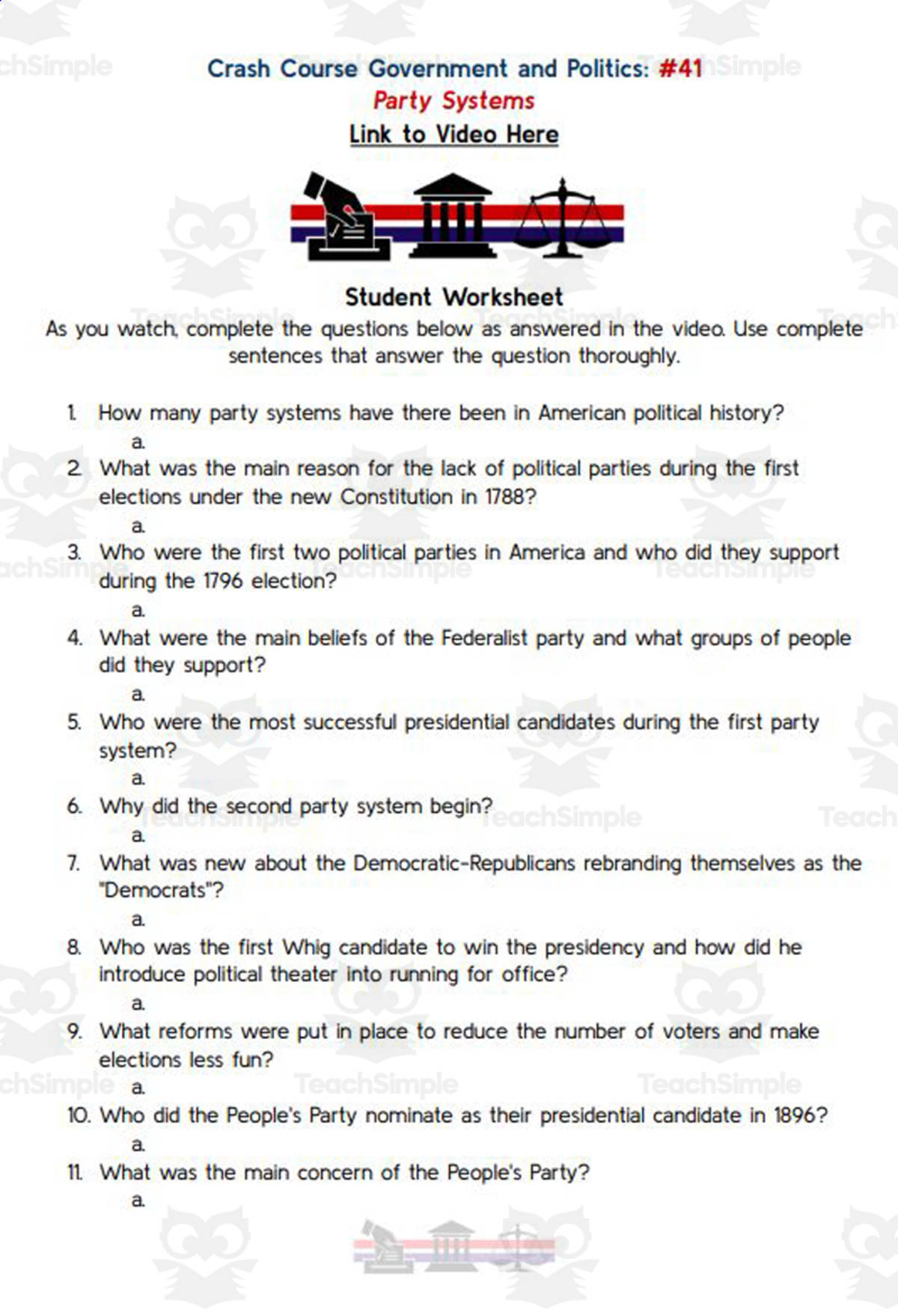 An educational teaching resource from Ed Dynamic entitled Crash Course: Government and Politics #41: Party Systems Worksheet downloadable at Teach Simple.