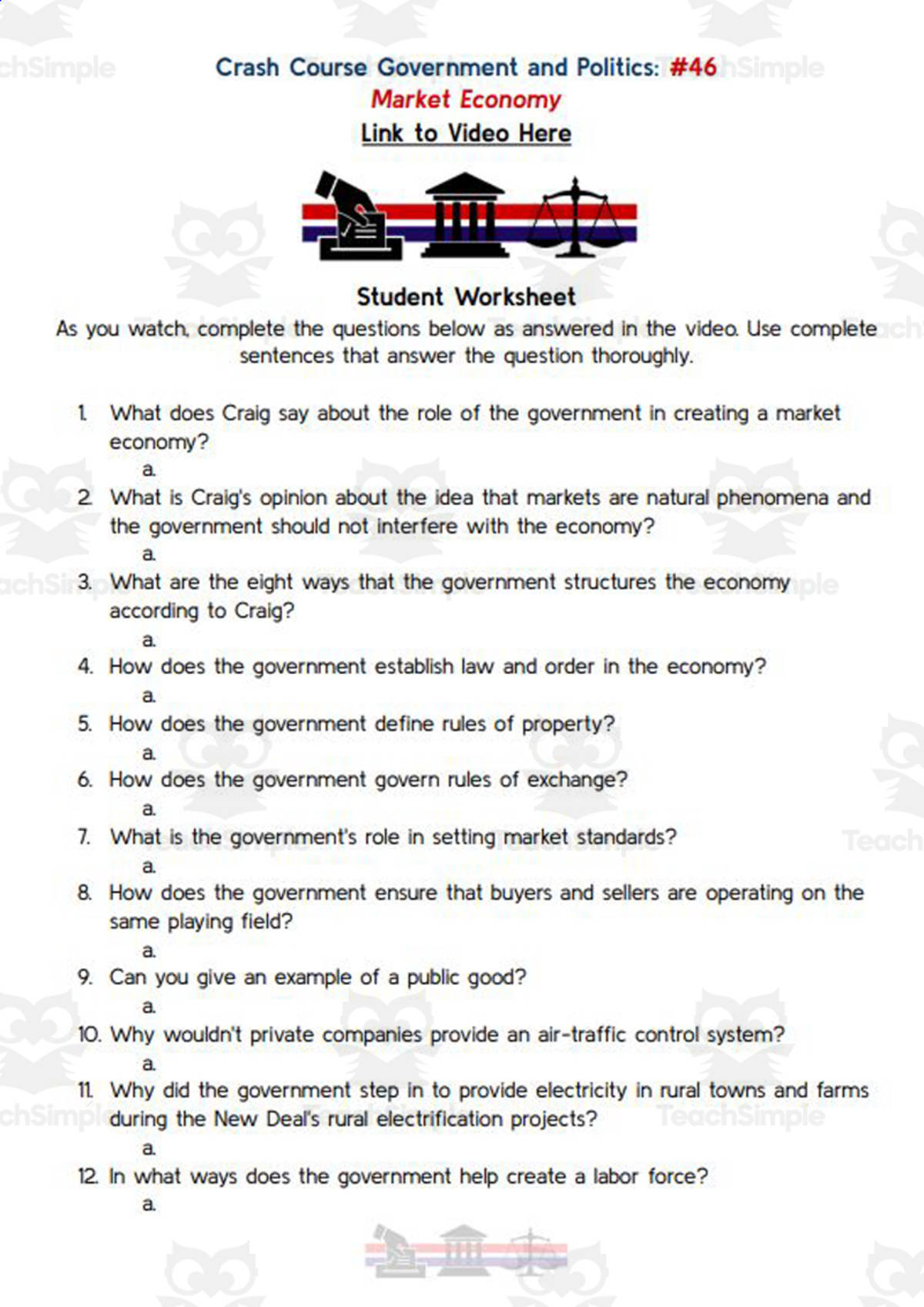 An educational teaching resource from Ed Dynamic entitled Crash Course: Government and Politics #46: Market Economy Worksheet downloadable at Teach Simple.