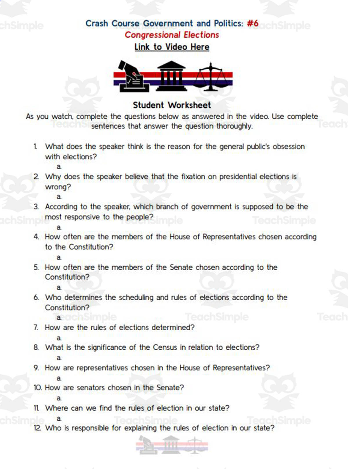 An educational teaching resource from Ed Dynamic entitled Crash Course: Government and Politics #6: Congressional Elections Worksheet downloadable at Teach Simple.
