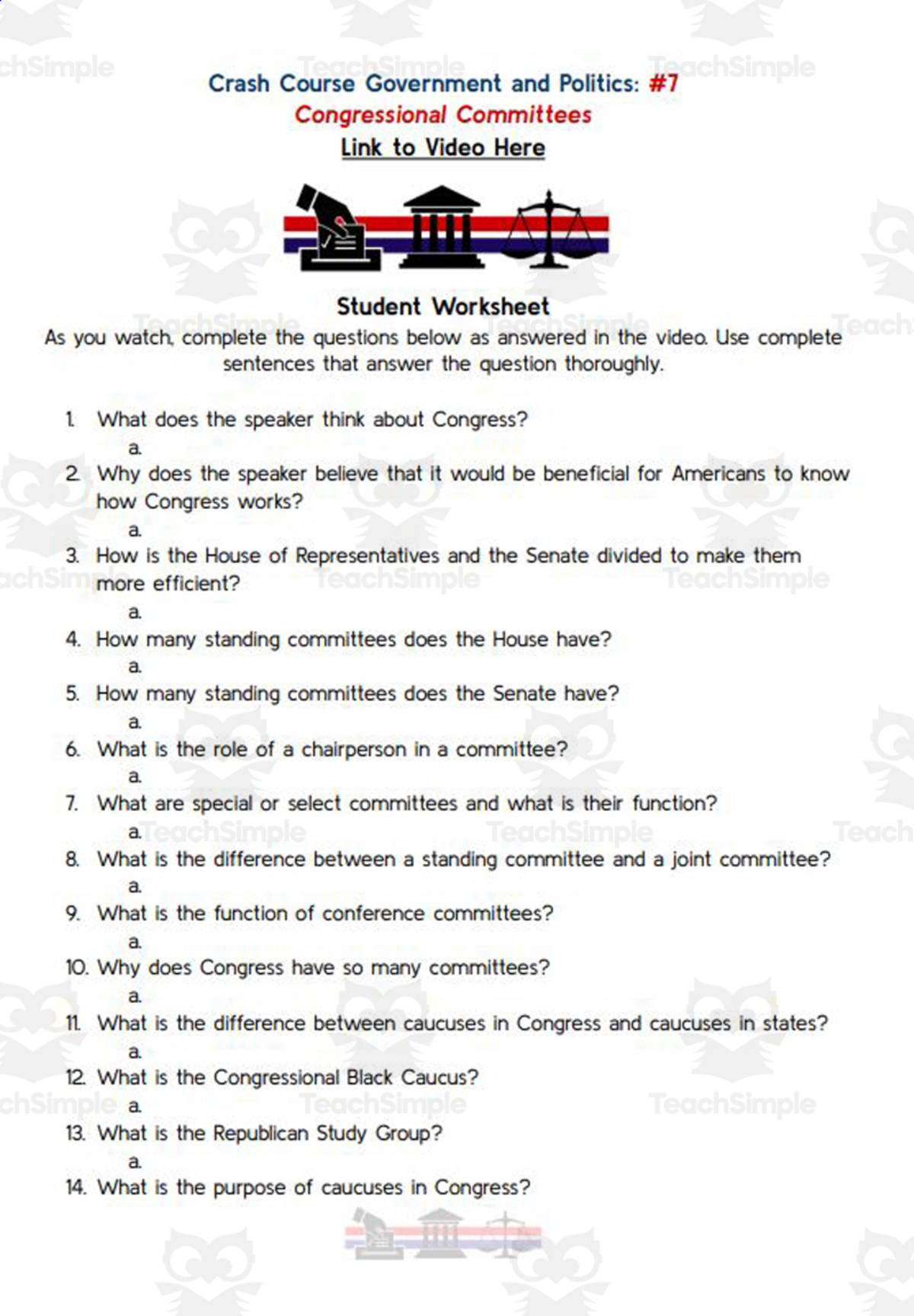 An educational teaching resource from Ed Dynamic entitled Crash Course: Government and Politics #7: Congressional Committees Worksheet downloadable at Teach Simple.