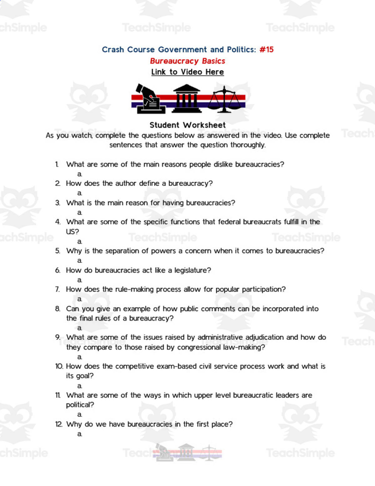 An educational teaching resource from Ed Dynamic entitled Crash Course Government Episode Worksheet | 15 - Bureaucracy Basics downloadable at Teach Simple.