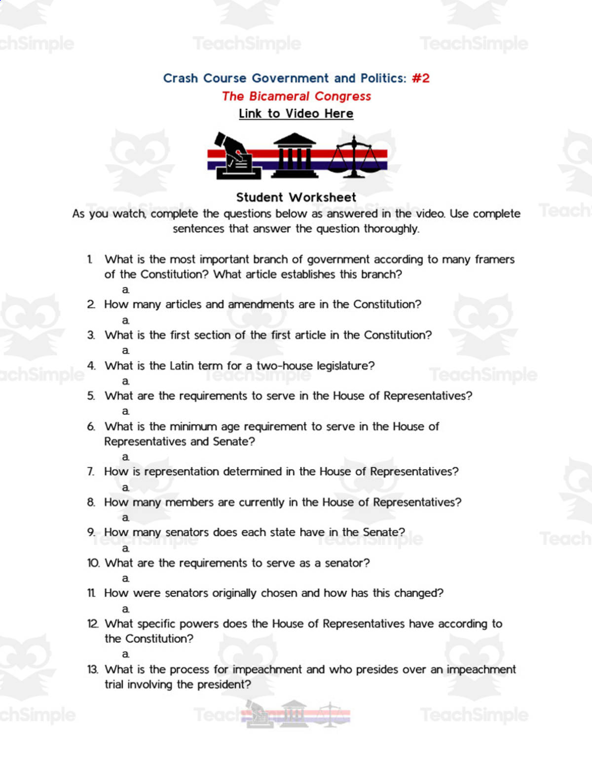 An educational teaching resource from Ed Dynamic entitled Crash Course Government Episode Worksheet | 2 - The Bicameral Congress downloadable at Teach Simple.