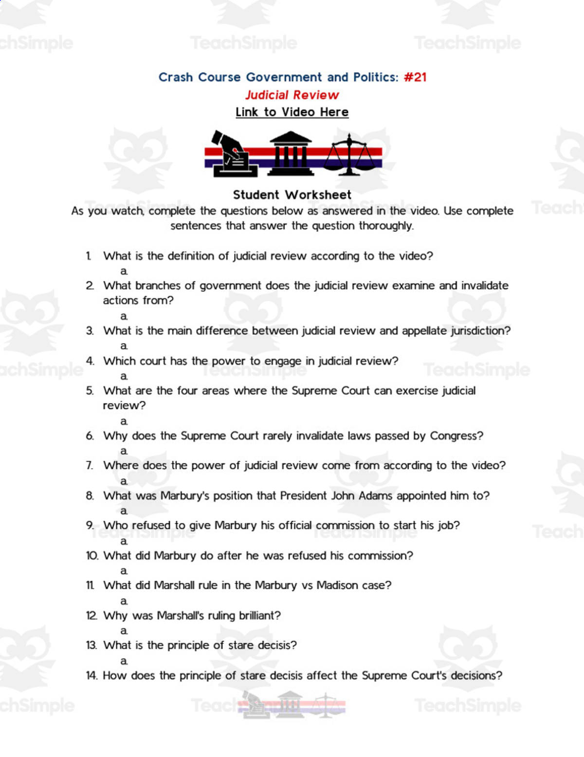 An educational teaching resource from Ed Dynamic entitled Crash Course Government Episode Worksheet | 21 - Judicial Review downloadable at Teach Simple.