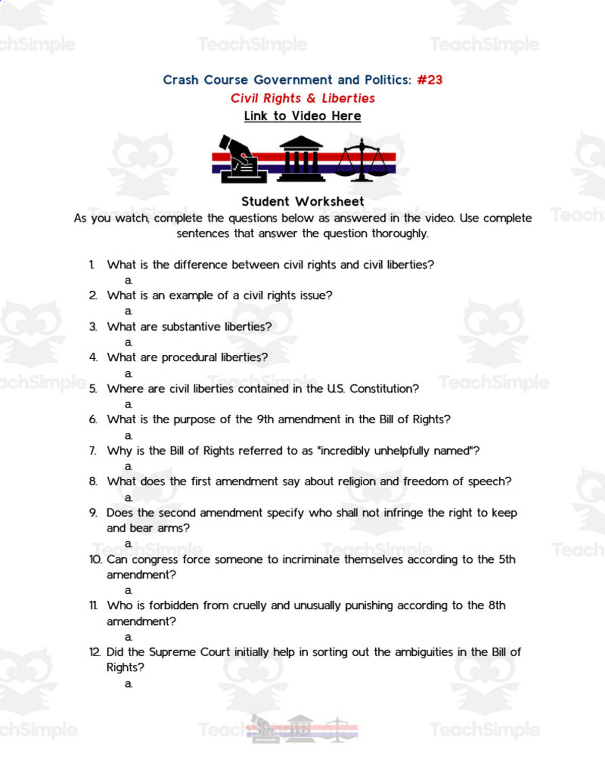 An educational teaching resource from Ed Dynamic entitled Crash Course Government Episode Worksheet | 23 - Civil Rights & Liberties downloadable at Teach Simple.