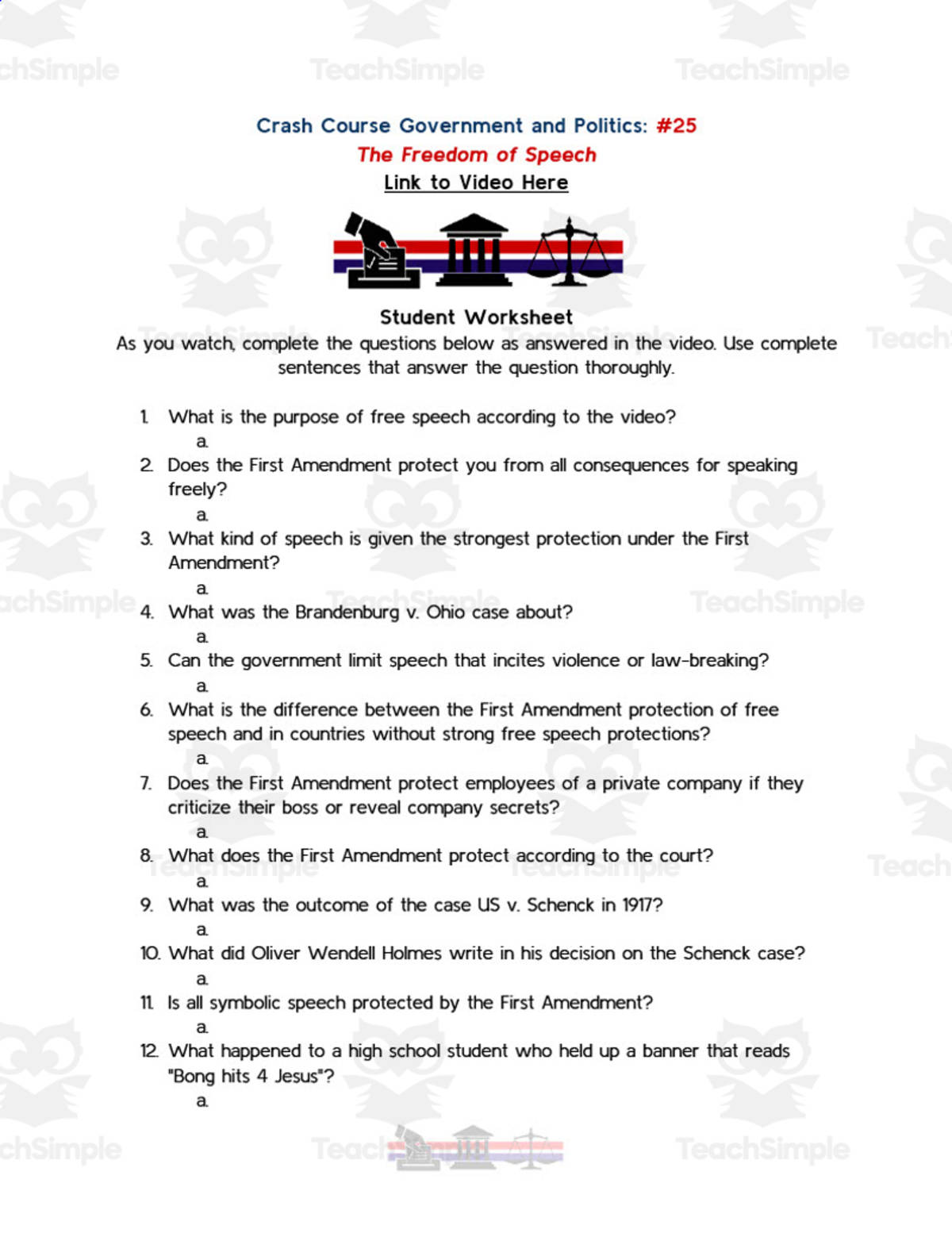 An educational teaching resource from Ed Dynamic entitled Crash Course Government Episode Worksheet | 25 - The Freedom of Speech downloadable at Teach Simple.