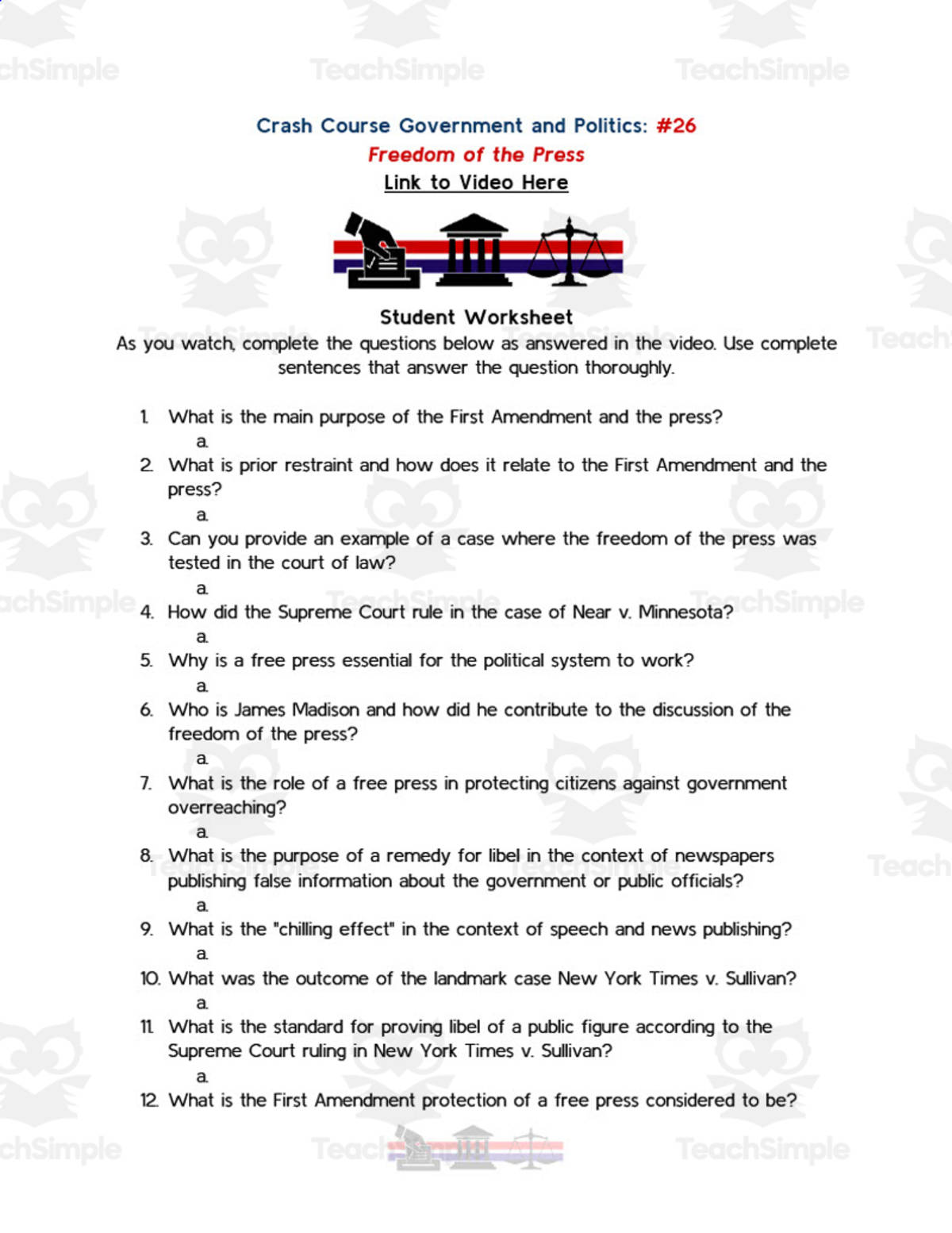 An educational teaching resource from Ed Dynamic entitled Crash Course Government Episode Worksheet | 26 - Freedom of the Press downloadable at Teach Simple.