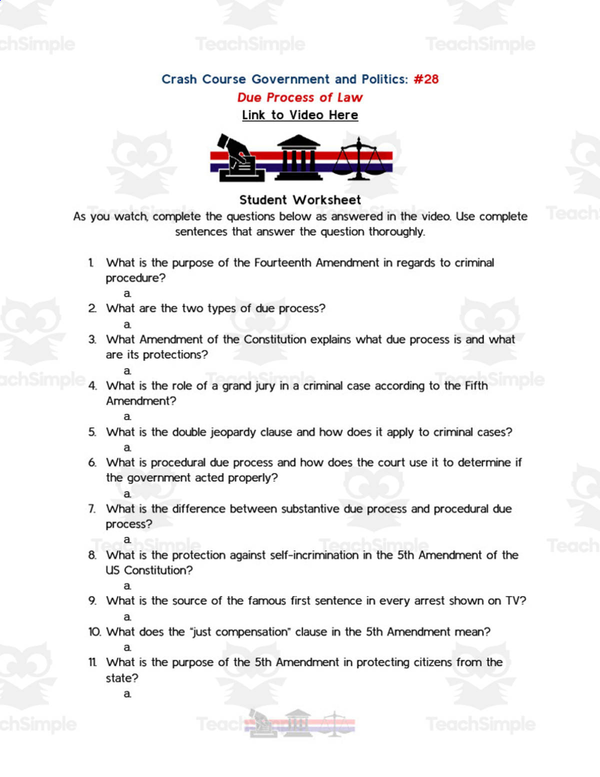 An educational teaching resource from Ed Dynamic entitled Crash Course Government Episode Worksheet | 28 - Due Process of Law downloadable at Teach Simple.